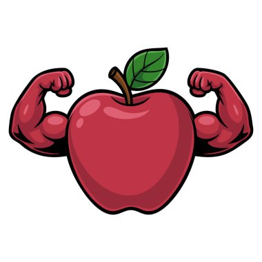 Çizgi film güçlü elma vektörü illüstrasyonu beyaz bir arkaplanda izole edilmiş kas kırmızı elma karakterini kas klips sanat temalı tasarım temalı