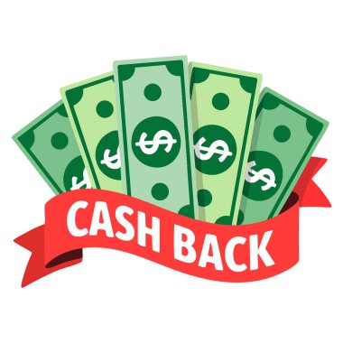 Tasarruf temaları ve geri ödeme için kırmızı kurdeleli dolar banknotları ve düz web tasarımı içeren nakit para geri ikonu konsept vektör ilüstrasyonu