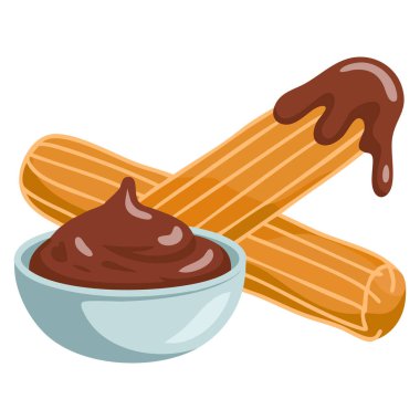 Çikolata elle çizilmiş Churros, tatlı atıştırmalığı temasına odaklanmış. Pastane menüsü, kafe markalı ambalaj ve mutfak tasarımı projeleri için mükemmel.