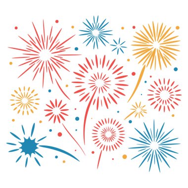 El çizimi vektör çizimi olarak sunulan farklı karikatür havai fişekleri kompozisyonu festival dekorasyonu için uygun yaratıcı parti temalı sanat eserleri