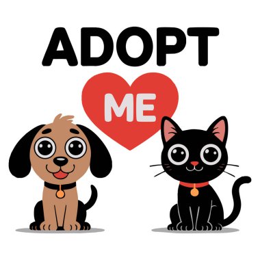 Köpek kedisi evlatlık edinme tasarımı yavru köpek ve kediyi kırmızı kalbe bakarken gösteriyor. Beni evlat edinme. Mesaj alma ve evsiz hayvan desteği alma.