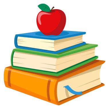 Okul ve öğrenim görselleri için ideal üst izole edilmiş düz vektör biçiminde elmalı renkli kitap yığını olarak gösterilen eğitim kavramı