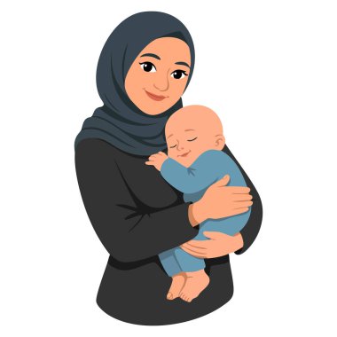 Geleneksel kostümler giyerken bebeğe sarılan etnik Arap kadın çizimi aile sevgisi kültürü anneliği ve yaşam tarzı temalı tasarımlar için mükemmel.