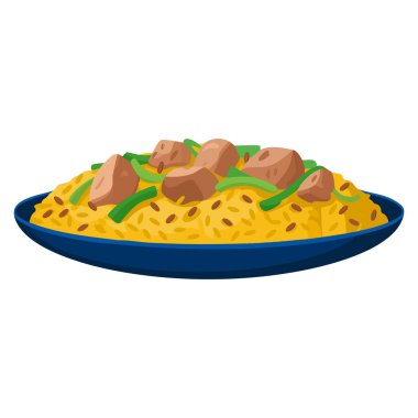 Kızarmış pirinç yemeğinin düz tasarım çizimi beyaz arka planda lezzetli öğle yemeği menüsü yemek için ideal mutfak restoranı ve ev yapımı yemek görselleri için.