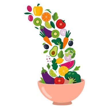 Salata salatasının bembeyaz arka planda uçarak taze sağlıklı beslenme diyeti ve dengeli yaşam tarzı kavramını temsil eden düz tasarım çizimi.