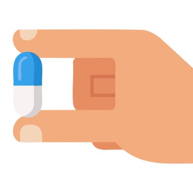 Eczane tıbbı, sağlık tedavisi ve tıbbi konsept için ideal mavi ve beyaz hap kapsülünü tutan insan elinin düz çizimi