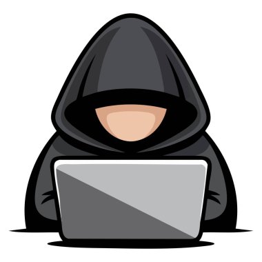 İnternet kullanımı için tasarlanmış, sanal güvenlik şifreleme teknolojisi kodlaması ve dijital risk farkındalığı temaları için ideal dizüstü bilgisayar simgesindeki hacker 'ın düz vektör çizimi