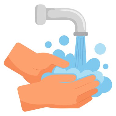 El yıkama ikonunun düz vektör çizimi hijyen uygulamalarını vurguluyor, sağlık hizmetleri görselleri, temizlik eğitimi ve güvenlikle ilgili grafik projeleri için uygun