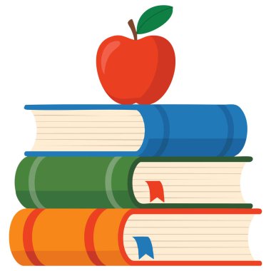 Üzerinde beyaz üzerine izole edebiyat eğitimi kavramını temsil eden elma bulunan renkli kitap yığınının düz vektör illüstrasyonu