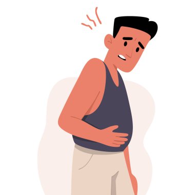 Göbek yağları konusunda endişeli genç adamın düz vektör illüstrasyonu. beyaz arka planda izole edilmiş sağlık fitness vücut farkındalığı yaşam tarzı temaları için uygun