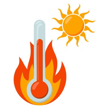 Beyaz arka planda izole edilmiş termometre güneş sembollü küresel ısınma ikonu iklim değişikliği farkındalığı konsepti