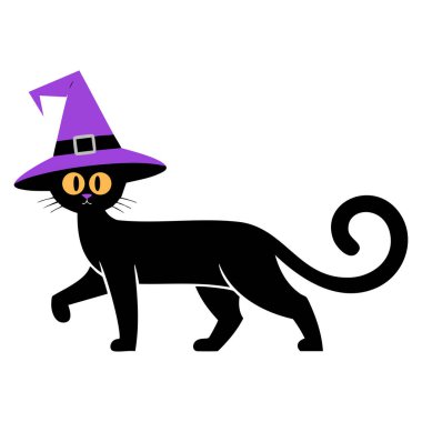 Cadılar Bayramı temalı cadı şapkalı siyah siluet kedi çizimi ürkütücü mevsimlik hayvan dekorasyonu için uygun.