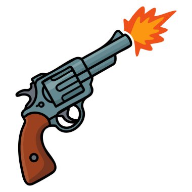 Elle çizilmiş karikatür tabanca çizimi kovboy silahı patlama işareti magnum tabanca Vahşi batı polis mühimmatı askeri silah izole