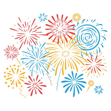 Elle çizilmiş vektör çizimi, farklı karikatür havai fişekleri ile kompozisyonu gösteriyor. Kutlama partisi dekorasyonu ve yaratıcı tatil sanat eserleri için ideal.