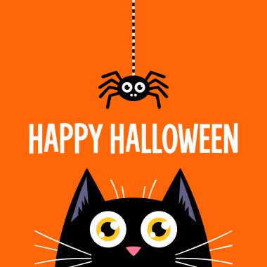 Mutlu cadılar bayramı kara kedi yüz baş silueti çizgi çizgi film karakteri çizimi sevimli örümcek böceği çizimine bakıyor