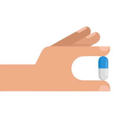 İlaç eczanesi sağlık hizmetleri ve tıbbi farkındalık tasarımları için uygun mavi ve beyaz renkli bir hap kapsülü tutan insan eli.