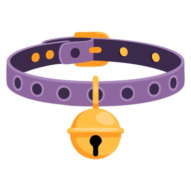 Evcil hayvan aksesuarları, hayvan bakımı, kedi güvenlik markaları ve evcil hayvan temalı tasarım projeleri için yaratılmış çan vektör ilüstrasyonlu münferit kedi tasması.