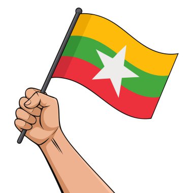 Myanmar 'ın ulusal bayrağı, vatansever temalar, ulusal gurur kutlamaları ve kültürel sanat eserleri için mükemmel bir el illüstrasyonuyla göndere çekildi.