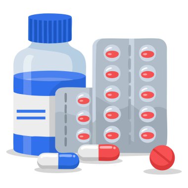 İlaç şişesi tıbbi kapsüller kapsül su topladı eczane tıbbı tedavi ve tıbbi ambalaj tasarımları için uygun illüstrasyon vektör illüstrasyonu ile
