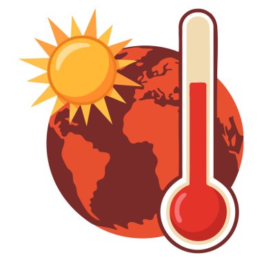Küresel ısınma konsepti iklim değişikliği sıcaklığı artışı ve çevre koruma farkındalığı mesajını ifade eden termometreyi vektör ilülasyonunda tutan gezegen.