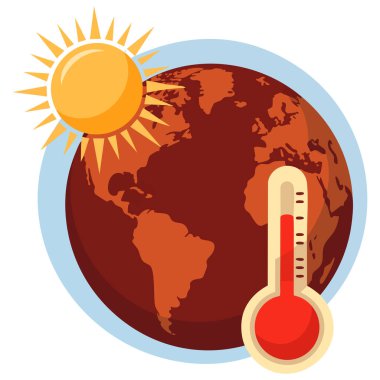 Küresel ısınma kavramını gösteren termometreye sahip dünya gezegeni iklim değişikliğini, çevresel krizi artan sıcaklığı ve ekolojik farkındalığı gösteriyor.