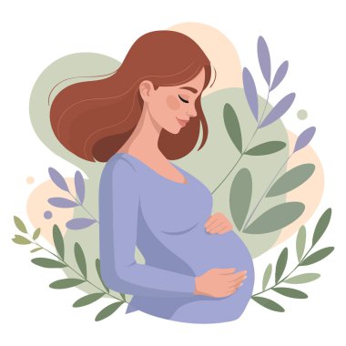 Hamile kadın karakter, gözleri kapalı, beyaz arka planda karnına dokunuyor hamilelik anneliği kavramını temsil ediyor.