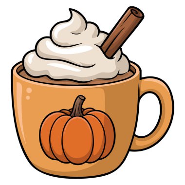 Balkabağı aromalı latte sade sonbahar vektör illüstrasyonunda krem şantili tarçın çubuğu beyaz arka plan kahve temasına izole edilmiş.