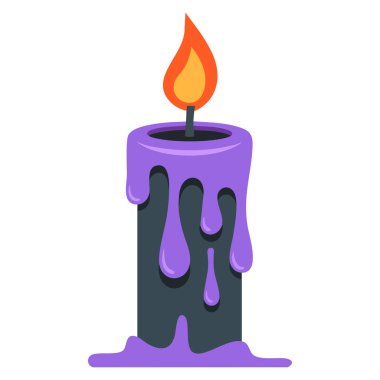 Yanlarından erimiş balmumu akan mor mum. Cadılar Bayramı için vektör illüstrasyonu. Ölü dekorasyonu, mistik şenlik ve tören temalı tasarımlar.