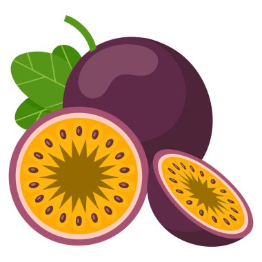 Mor çarkıfelek meyvesi. Beyaz arka planda düz dizayn edilmiş yarım parçalı. Tropikal meyve tazeliği sağlıklı gıda konseptini ve organik besin dengesini temsil ediyor.
