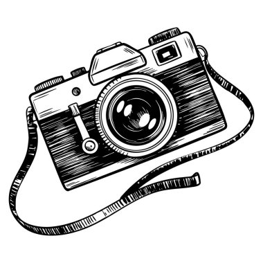 Retro stili fotoğraf makinesi el çizimi, nostaljik yaratıcı tasarım ve medya temaları için izole edilmiş sanat eskizi.