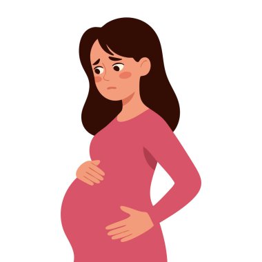 Düz dizaynlı üzgün ve stresli hamile kadın negatif duygu anksiyetesi hamilelik belirtileri gösteriyor.