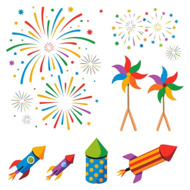 Beyaz arka planda izole edilmiş parlak havai fişek, bayrak ve fırıldak selamı içeren renkli eşyalar.
