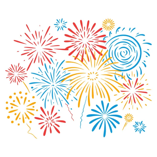 Elle çizilmiş vektör çizimi, farklı karikatür havai fişekleri ile kompozisyonu gösteriyor. Kutlama partisi dekorasyonu ve yaratıcı tatil sanat eserleri için ideal.