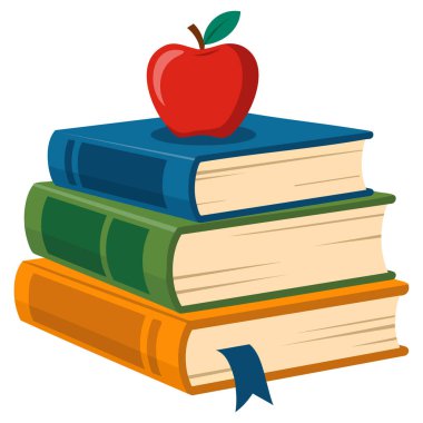 En iyi edebiyat eğitimi konseptine sahip bir elma içeren renkli kitap yığını okul öğrenme temaları için izole edilmiş düz vektör çizimi