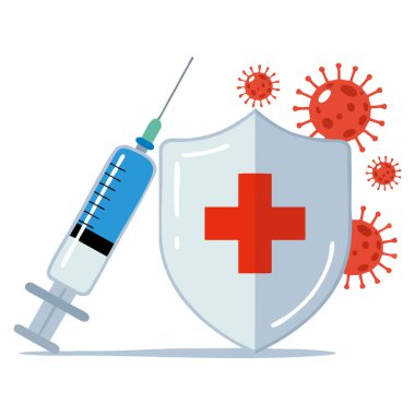 Aşı simgesi, sade vektör tarzında gösterilmiş, sağlık koruma dokunulmazlığı önleme ve tıbbi farkındalık kavramını temsil etmektedir.