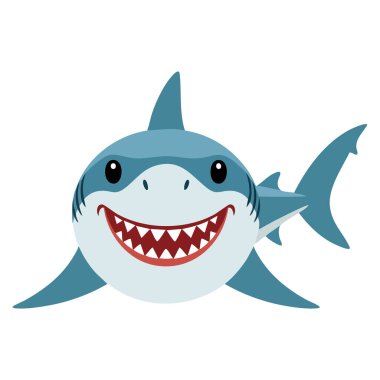 Kızgın köpekbalığı ön görüntüsünün vektör karikatürü su altında yüzen dişlek balık karakteri okyanus su köpekbalığı temasını temsil ediyor.