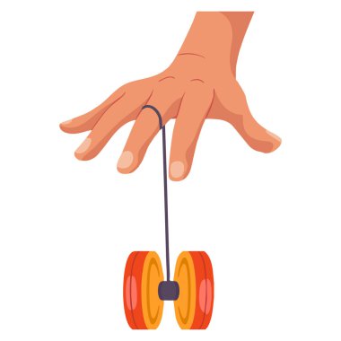 Oyuncak oyun aktivitesi ve gençlik temalı sanat eserleri için orta parmağına uygun bir telle seni oyun oynarken gösteren vektör çizgi film çizimi.