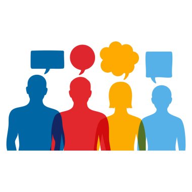 Takım çalışması iletişim diyaloğu, sosyal ağ oluşturma ve işbirliği temalı projeler için ideal diyalog simgesi olan insanların vektör illüstrasyon tasarımı