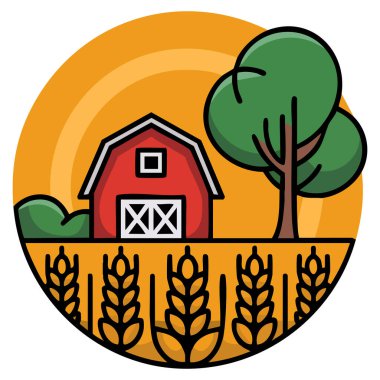 Kırsal tarım temalı görsel iletişim ve tasarım kullanımı için ideal kırsal tarım manzarasını gösteren ahır ağacı ve buğdayın vektör çizimi