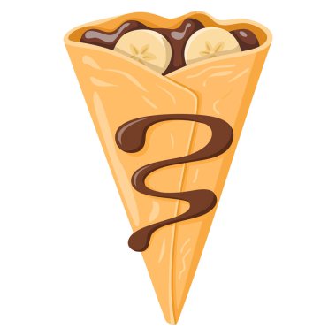 Çikolatalı muzlu krepin vektör çizimi tatlı yemek menüsü, kafe kahvaltı pastası ve tatlı mutfak tasarımı kavramları için izole edilmiş.