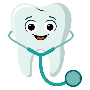 Dişçi günü için mükemmel steteskop takan sevimli çizgi film dişlerinin vektör çizimi mutlu dişçi kreşleri temalı görsel dişler.