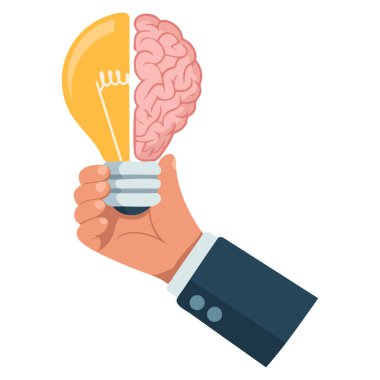 Yarı beyni olan el ele tutuşmanın temsili illüstrasyonu yaratıcı akıllı fikir yenilik zekası ve ilham.