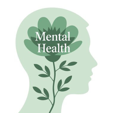 Zihinsel sağlık konsepti, terapi tedavisi psikolojisini ve Dünya Akıl Sağlığı Günü farkındalığını temsil eden beyin şeklindeki çiçeğin insan kafası siluetinin vektör çizimi