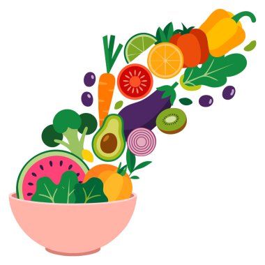 Sağlıklı beslenme, taze yiyecek ve diyet farkındalığı için ideal beyaz zemin üzerinde düz bir tasarım içinde kaseye uçan salata sebzelerinin vektör çizimi