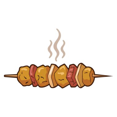 Beyaz arka planda izole edilmiş, stilize edilmiş, taze ızgara Türk kebap logosu şablonunun vektör çizimi. Yaratıcı iki renkli gıda markası tasarımı.