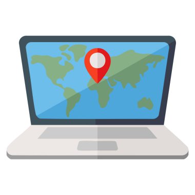 Harita pin üzerinde uzaktan çalışma uzaktan çalışma sanal ofis ve konum bağımsız çalışma konseptini temsil eden dizüstü bilgisayarla çalışmanın vektör illüstrasyonu