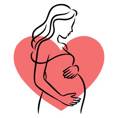 Hamile kadın ve kalp sembolü taşıyıcı çizgisi hamilelik sağlığı için mükemmel annelik aşk farkındalığı ve hassas duygusal temalı sanat eserleri