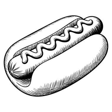 Klasik oyma stili hot dog vektör besin illüstrasyon el çizimi beyaz arkaplan üzerine çizim retro gıda ambalajı tasarımı ve mutfak sanatı için idealdir