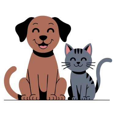 Mutlu kahverengi köpek ve sevimli gri kedinin sevimli arkadaşlığı en iyi arkadaşlar olarak bir arada oturuyorlar, iç açıcı evcil hayvan temalı vektör çizimleri.
