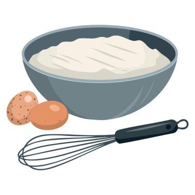 Hamur kasesi hamurlu yumurta ve çırpma içeren pişirme ürünleri vektör illüstrasyonu, tarifler için beyaz arka plana izole edilmiş el çizimi